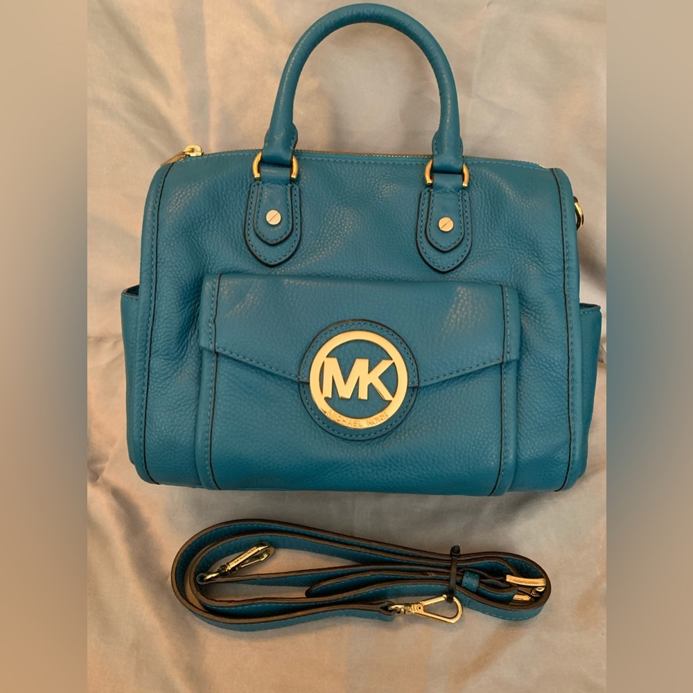 NEW. Michael Kors Logo Teal Pebbled Leather Double Handle & Crossbody Satchel.